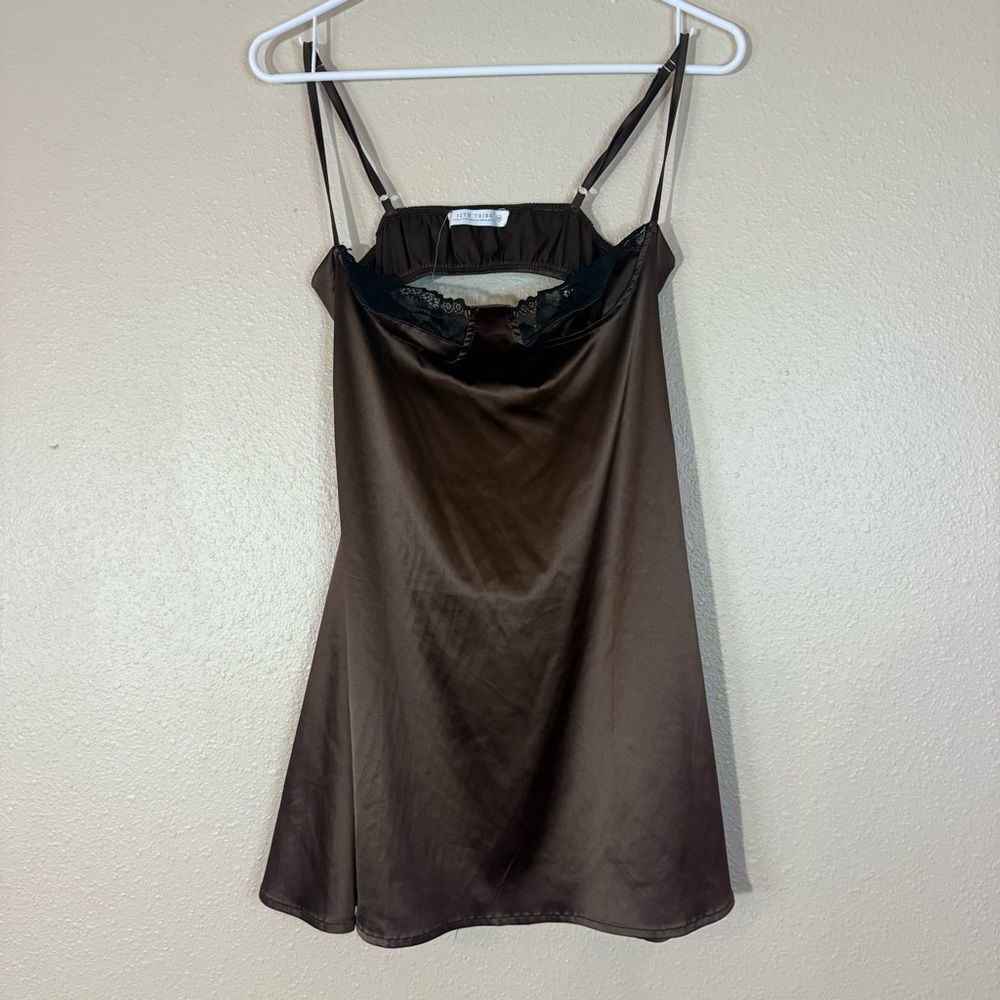 12th Tribe Candace Chocolate & black lace trim Satin Dress medium